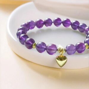 🆕New Healing Amethyst Gemstone Bracelet-with Heart Charm & Golden Spacers -8mm